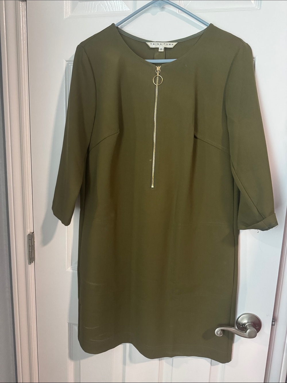 Trina Turk Green Versed Zip Front Dress Size 8 olive green